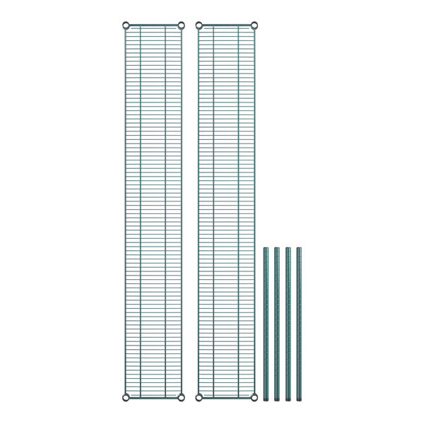 Regency green epoxy metal shelves with posts.