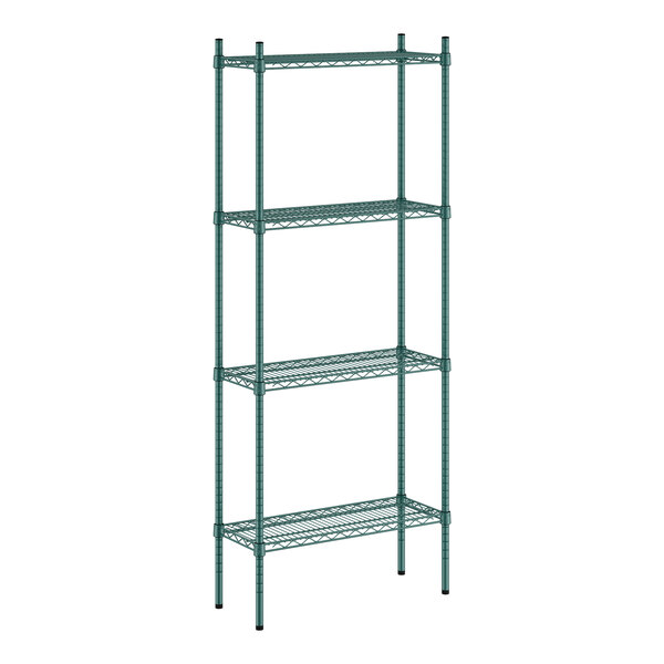 A green wire Regency shelving unit with four shelves.