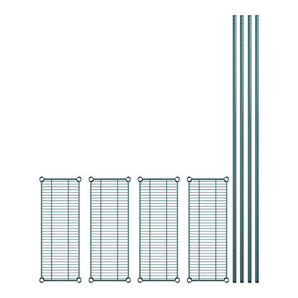 A set of four metal racks with rectangular grid shelves and green metal bars.
