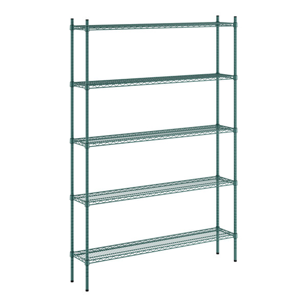 A green metal wire shelving unit with five shelves.