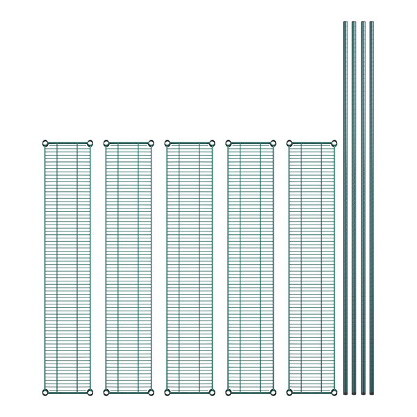 A row of green wire racks with metal bars and rods.