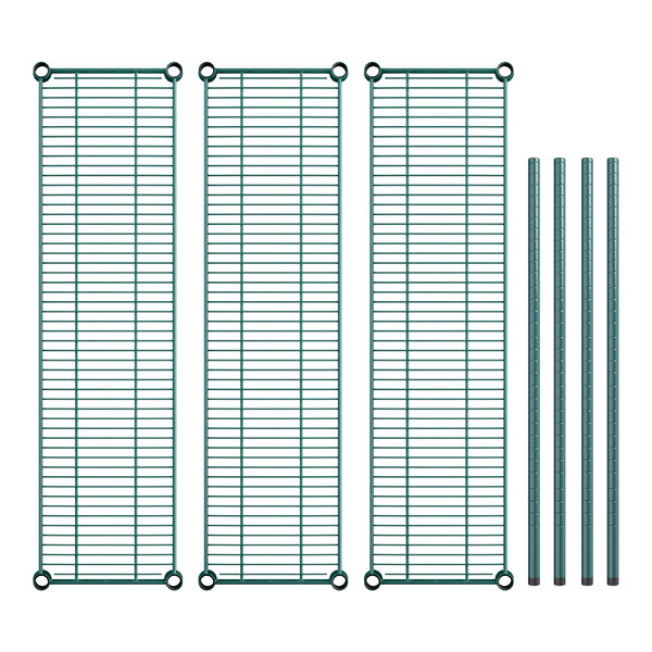Regency green epoxy metal shelves with bars and holes.