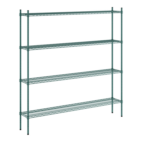 A green metal Regency wire shelving unit with four shelves.