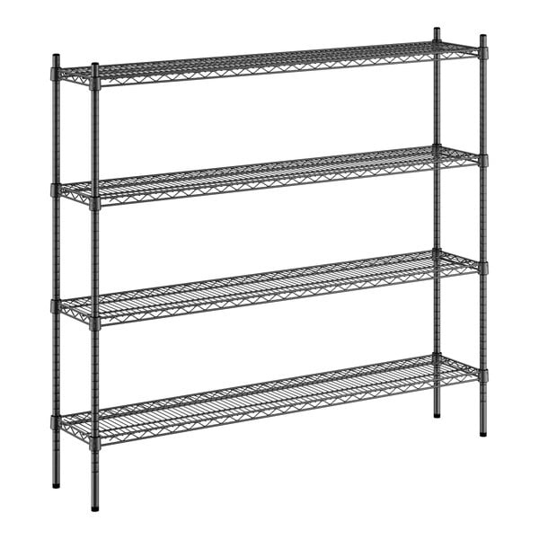 A black metal Regency wire shelving unit with four shelves.