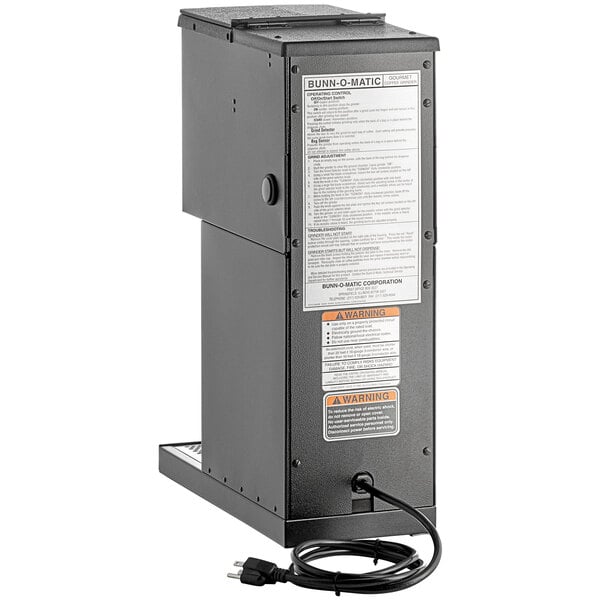 A black Bunn G1 HD bulk coffee grinder with a cord.