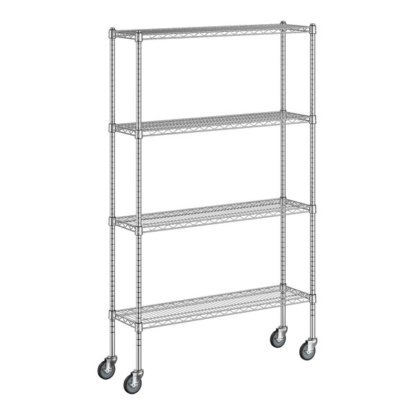 A Regency chrome wire shelving unit with wheels.