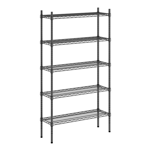 A black Regency wire shelving unit with four shelves.