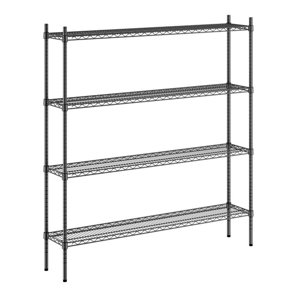 A black wire storage rack with four shelves.