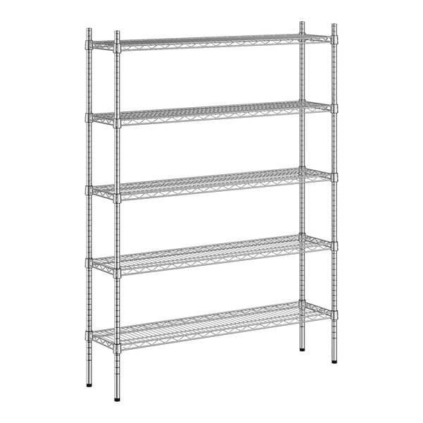 A wireframe of a Regency stainless steel shelving unit with four shelves.