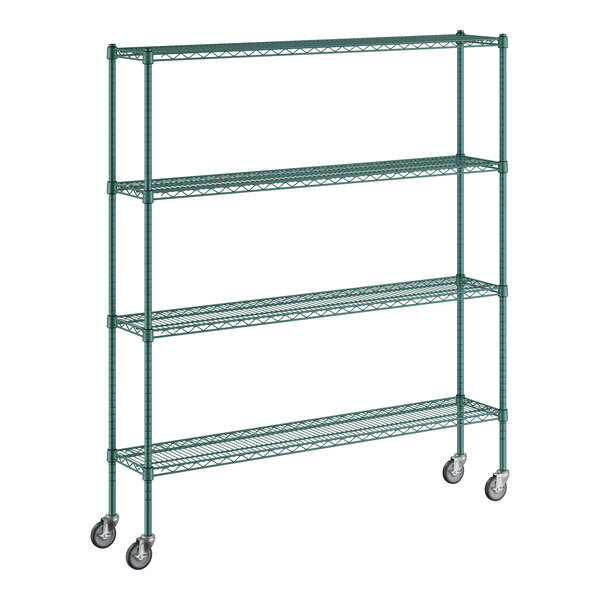 A green metal Regency wire shelving unit with wheels.