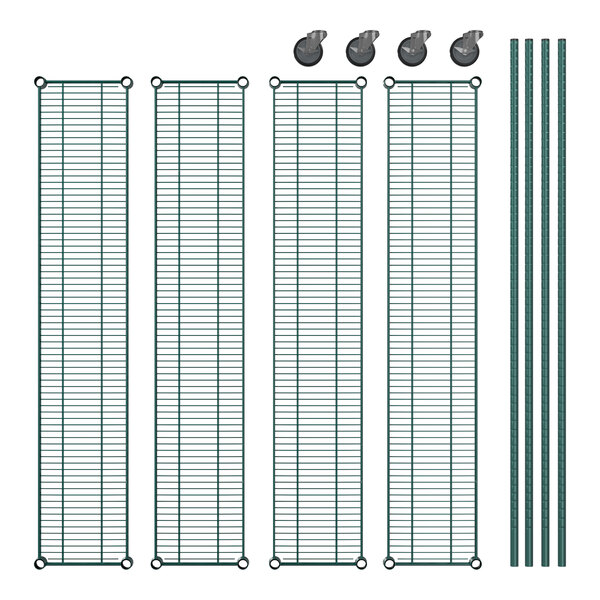 A Regency green epoxy shelving kit with four shelves and posts.