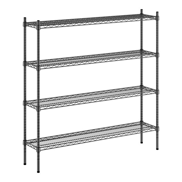 A black metal Regency shelving unit with four wire shelves.