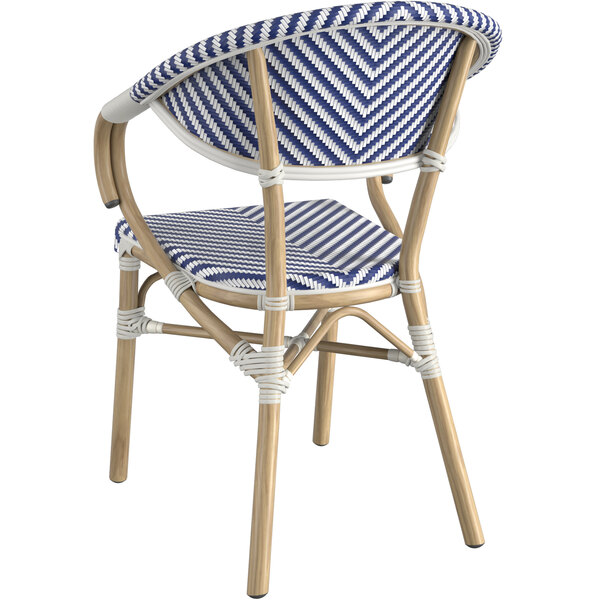 blue and white woven bistro chairs