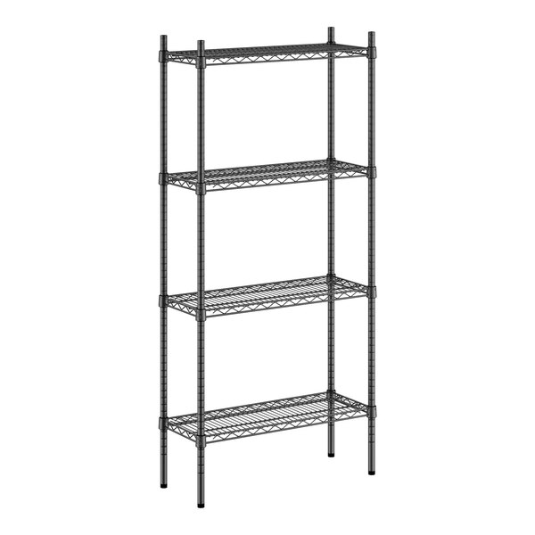 A black wire Regency shelving unit with four shelves.