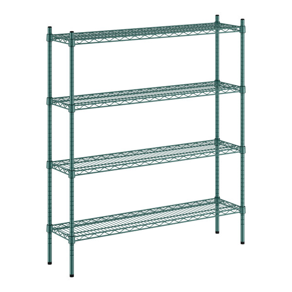 A green metal Regency wire shelving unit with four shelves.