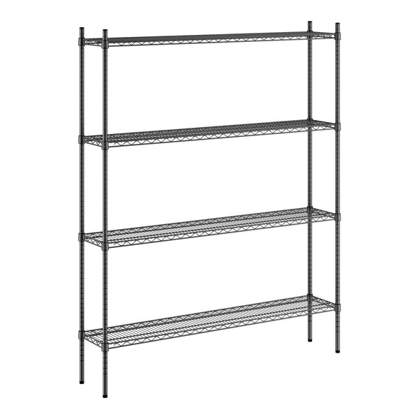 A black metal Regency shelving unit with four shelves.