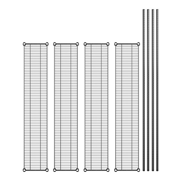 A set of four black metal shelves with metal rods.