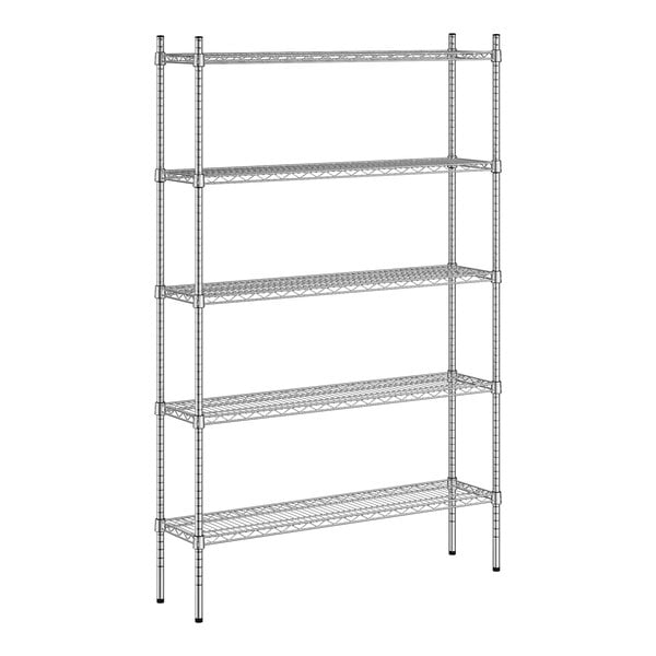 A wireframe of a Regency stainless steel shelving unit with four shelves.