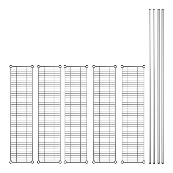 A white metal Regency shelving unit with 5 shelves and round metal rods.