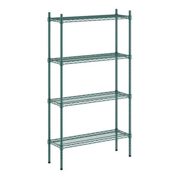 A green metal Regency wire shelving unit with four shelves.