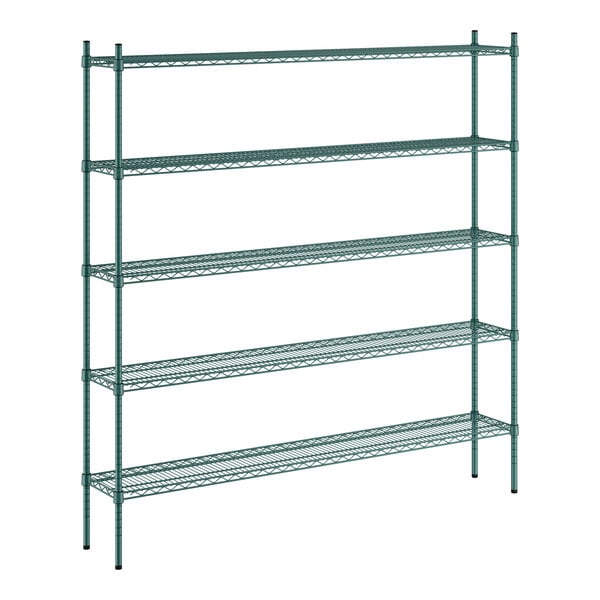 A green metal Regency wire shelving unit with four shelves.