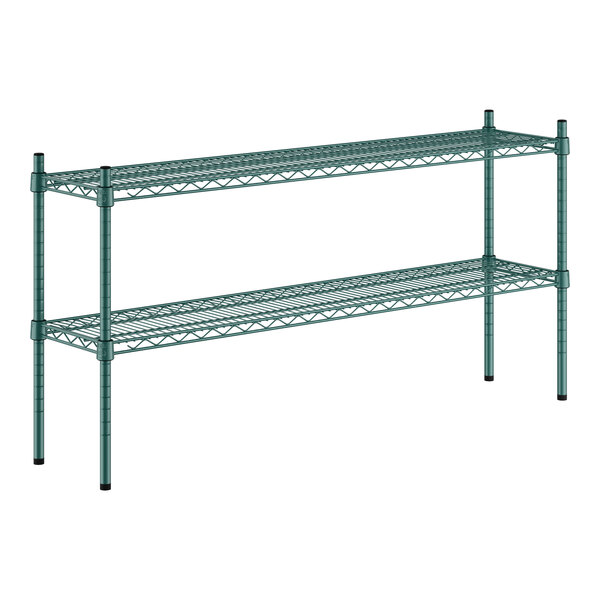 A green metal Regency shelving unit with two shelves.