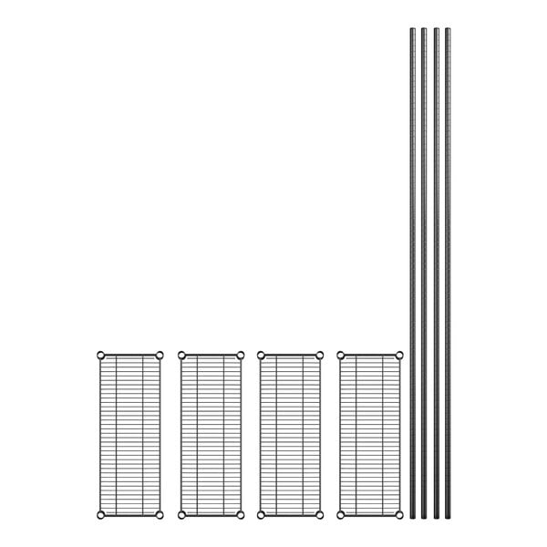 A diagram of a black rectangular wire rack with four black metal shelves with black posts.