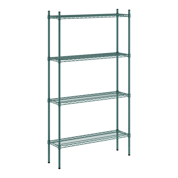 A green metal wire shelving unit with four shelves.