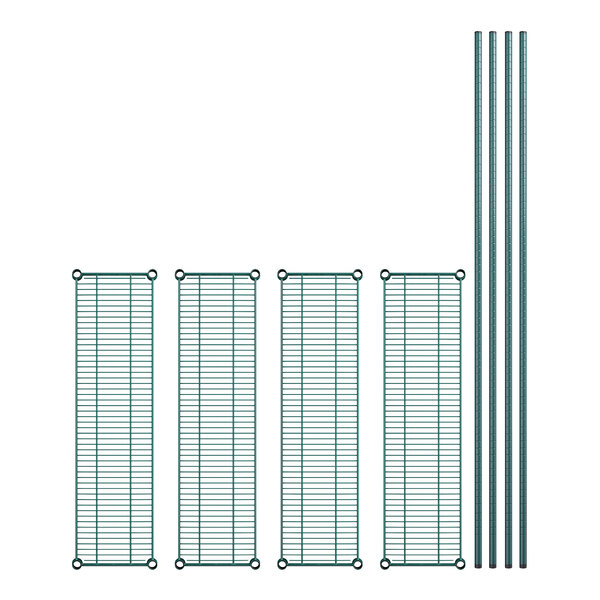 A set of four green metal shelves with metal bars and rods.