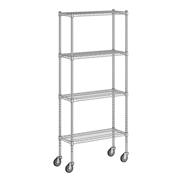 A wireframe of a Regency chrome 4-shelf kit with wheels.