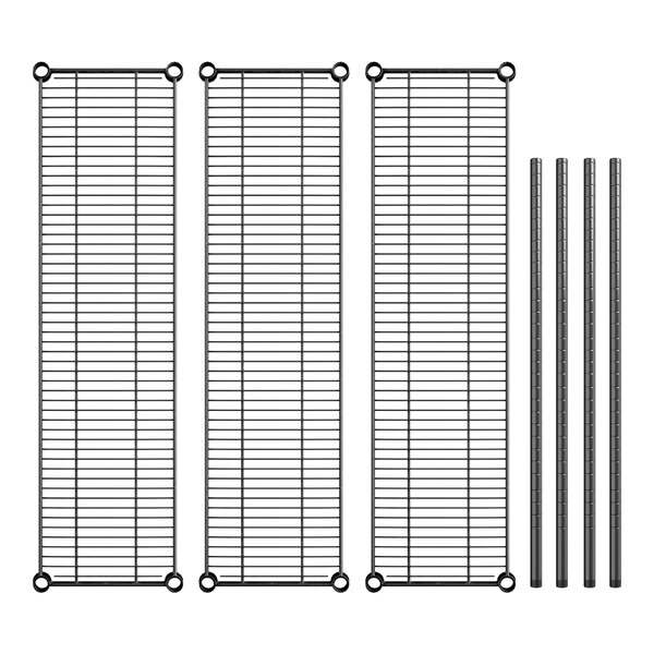 A Regency black metal shelving kit with metal shelves and rods.