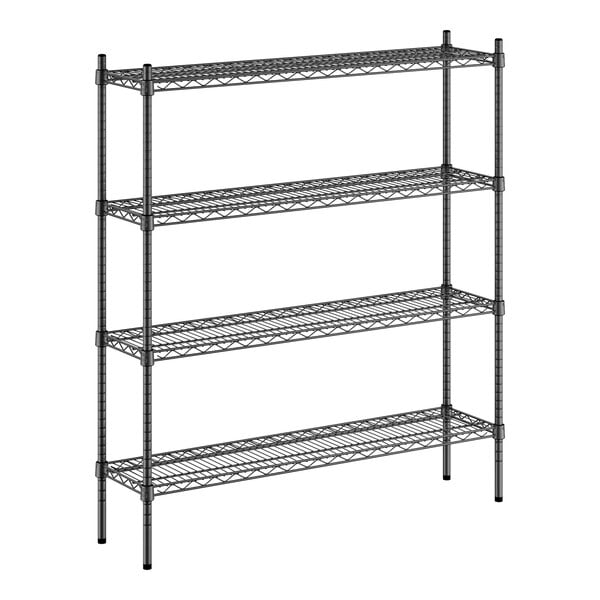 A black wire Regency shelving unit with four shelves.