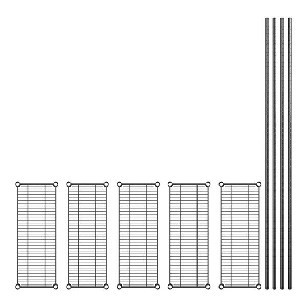 A row of black metal Regency shelves with white metal bars.