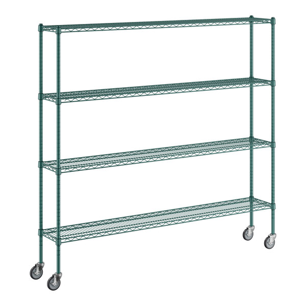 A Regency green wire shelving unit with casters.