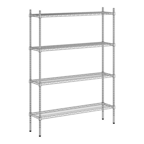 A wireframe of a Regency metal shelving unit with four shelves.