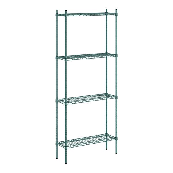 A green metal Regency wire shelving unit with four shelves.