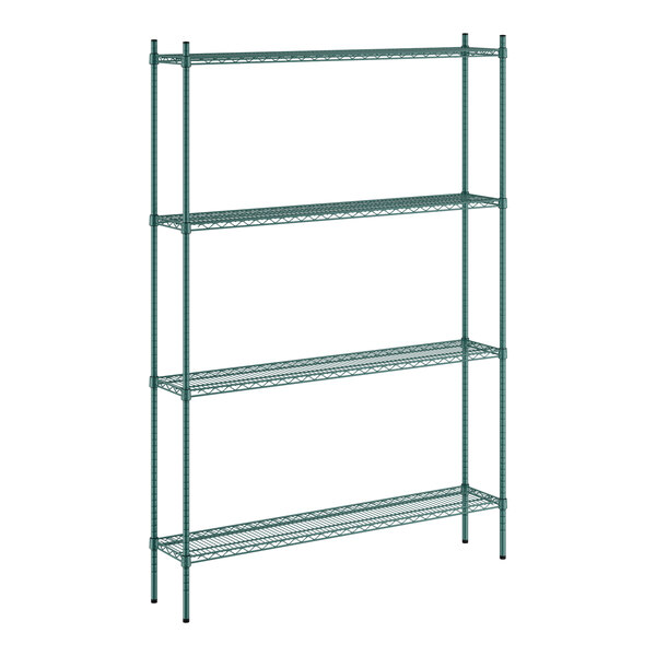 A green wire Regency shelving unit with four shelves.