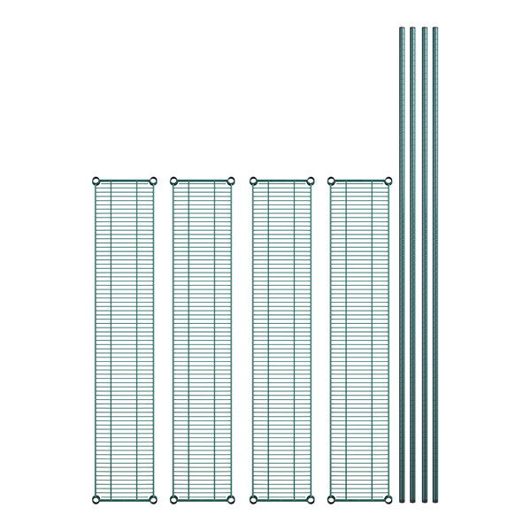 A row of green wire mesh panels with metal rods.