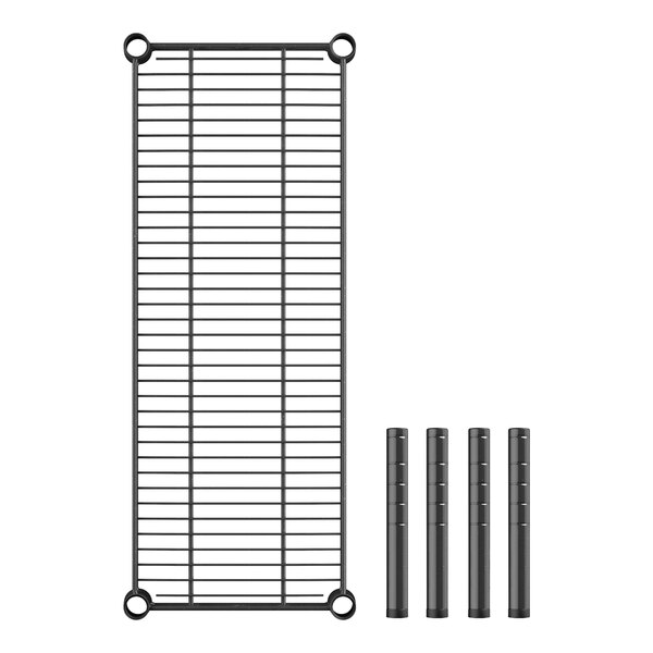 A black rectangular metal shelf with black metal rods.