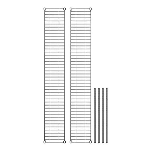 A white rectangular grid with black metal shelves and posts.