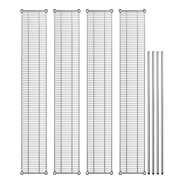 A Regency chrome shelving unit with four metal shelves and rods.