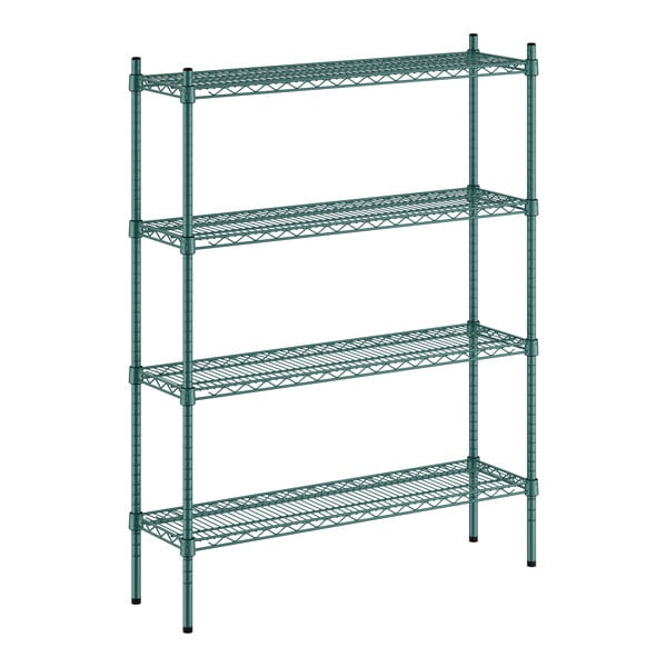 A green metal Regency wire shelving unit with four shelves.