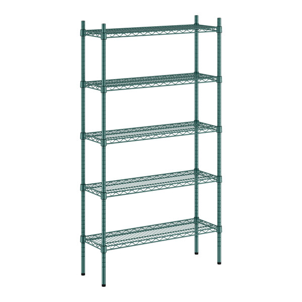 A green metal wire shelving unit with four shelves.