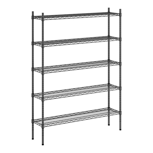 A black metal Regency shelving unit with four wire shelves.