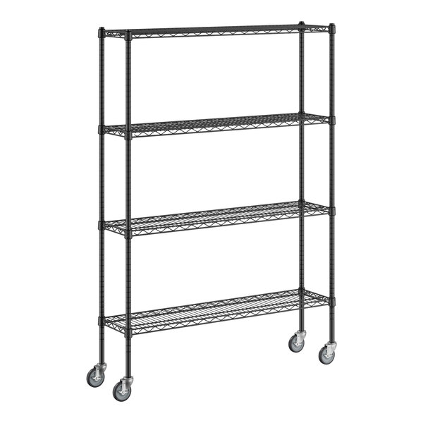 A black Regency wire shelving unit with wheels.