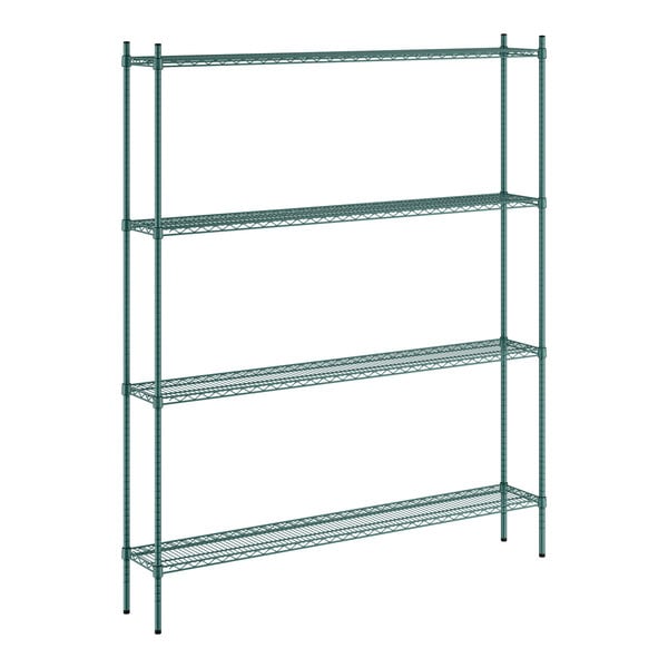 A green metal Regency wire shelving unit with four shelves.