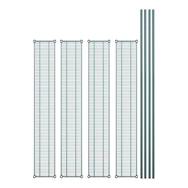 A set of four metal shelves with green metal rods.