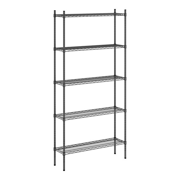 A black wire Regency metal shelving unit with five shelves.