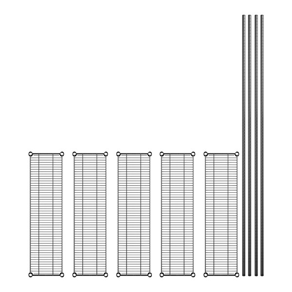 A black rectangular metal shelf with several metal bars.