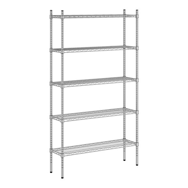 A wireframe of a Regency chrome metal shelving unit with four shelves.